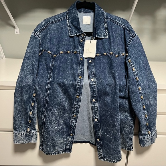 NWT Sandro Stane Denim Rhinestone Pearl Shirt Midnight Blue Western Jacket US 8 - Picture 8 of 16